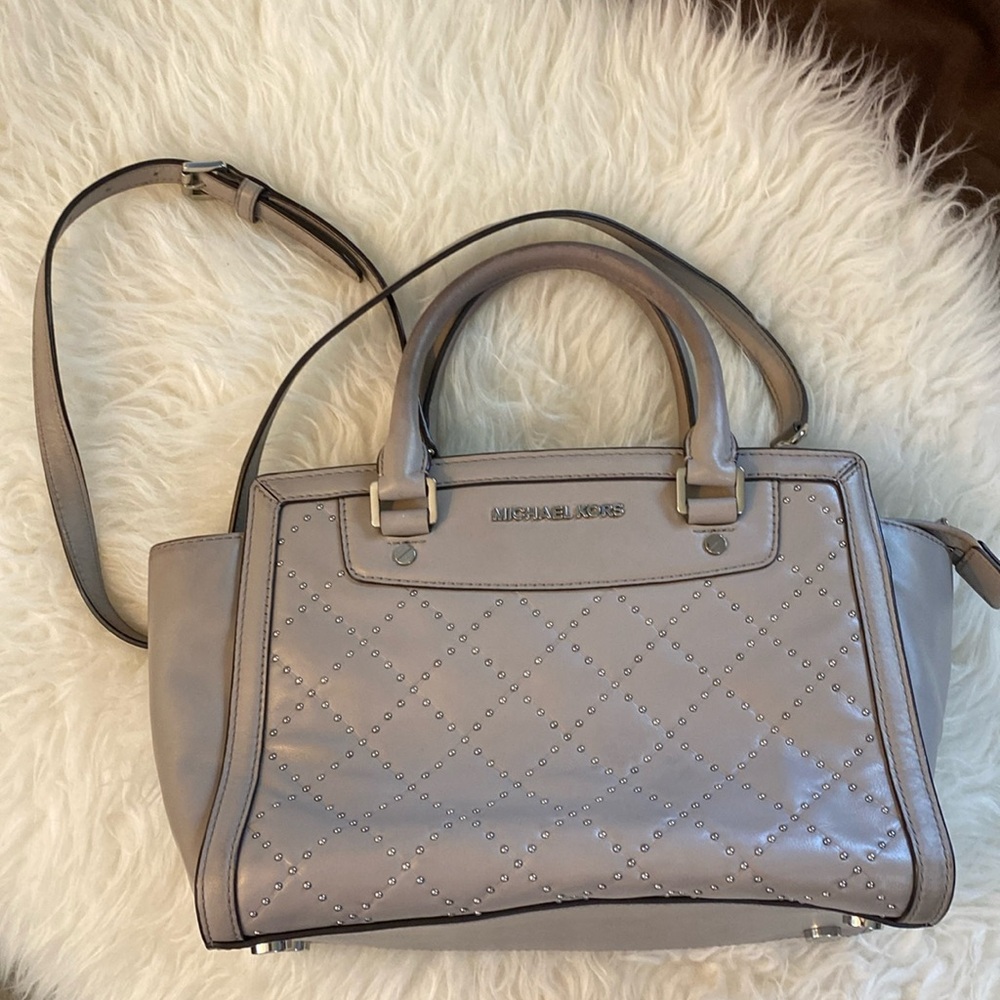 Michael Kors  purse Selma Quilted Micro Stud Pearl Gray Leather Satchel Handbag